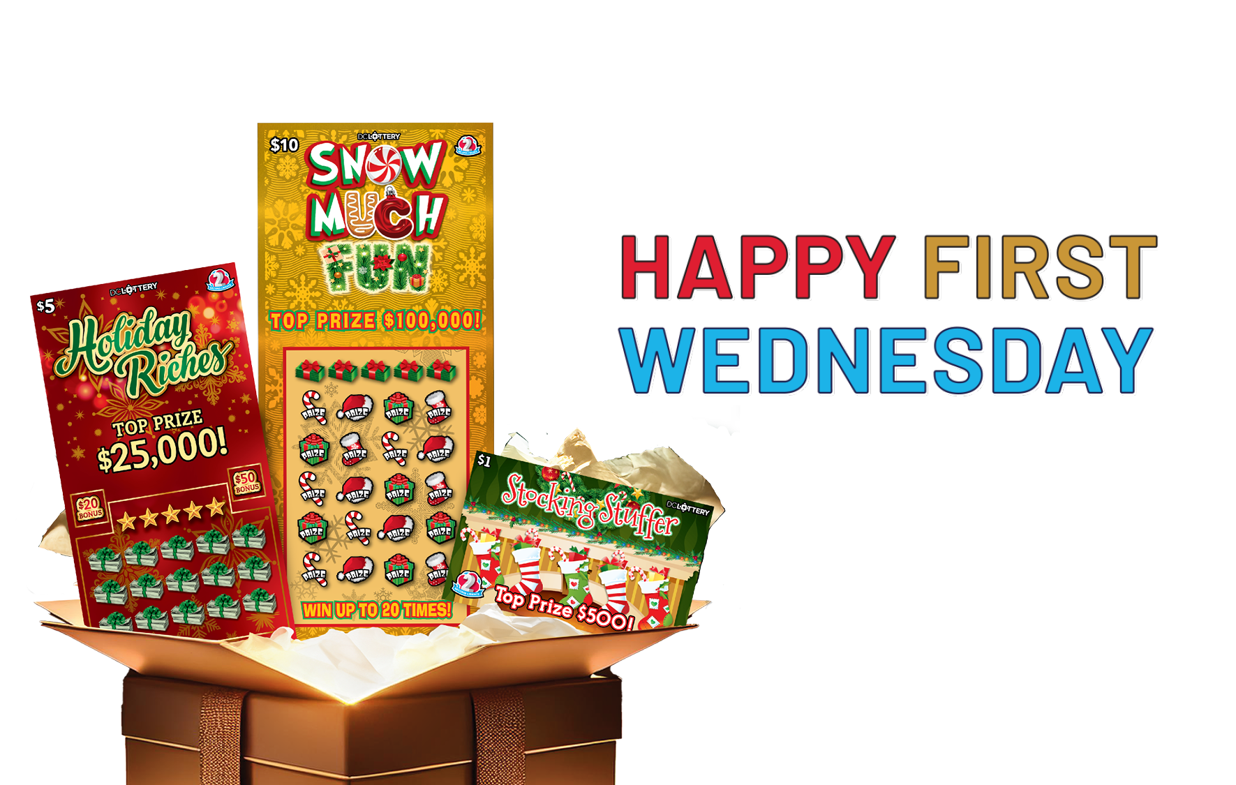 November Scratchers: $1 Stocking Stuffer $5 Holiday Riches $10 Snow Much Fun