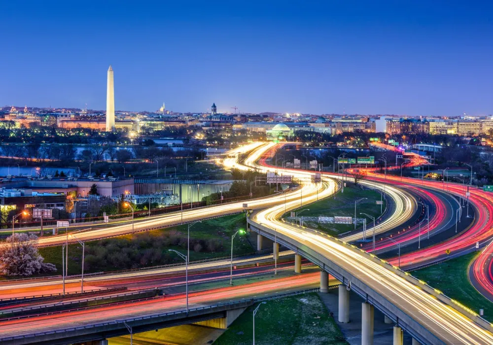 DC Skyline At Dusk with Car Lights Trailed